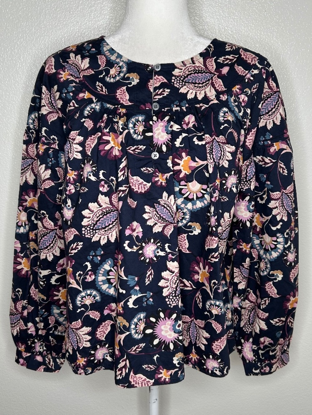 Old Navy Womens Navy Blue Floral Long Sleeve Popover Top Size LP Petite